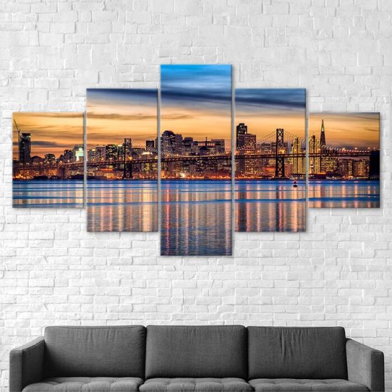 San Francisco Night City 5 Piece Five Panel Wall Canvas Print Modern Art Poster Wall Art Decor 2