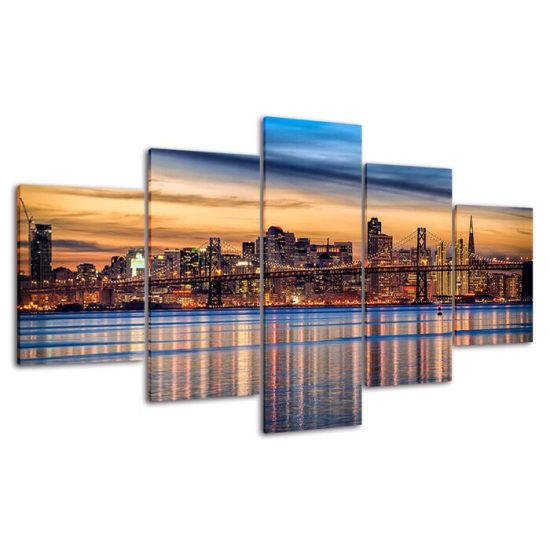 San Francisco Night City 5 Piece Five Panel Wall Canvas Print Modern Art Poster Wall Art Decor 4