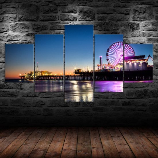 Santa Monica Pier Night Ferris Wheel Los Angeles 5 Piece Five Panel Wall Canvas Print Modern Art Poster Wall Art Decor 1