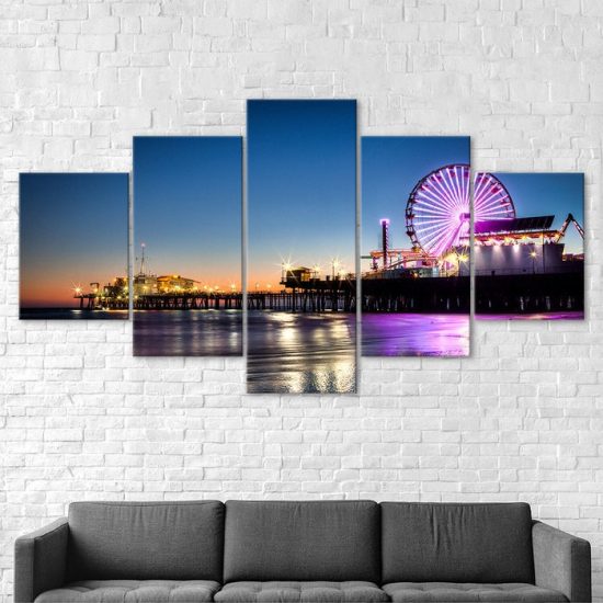 Santa Monica Pier Night Ferris Wheel Los Angeles 5 Piece Five Panel Wall Canvas Print Modern Art Poster Wall Art Decor 2