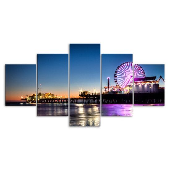 Santa Monica Pier Night Ferris Wheel Los Angeles 5 Piece Five Panel Wall Canvas Print Modern Art Poster Wall Art Decor 3