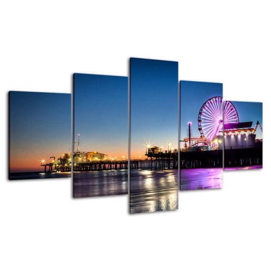 Santa Monica Pier Night Ferris Wheel Los Angeles 5 Piece Five Panel Wall Canvas Print Modern Art Poster Wall Art Decor 4