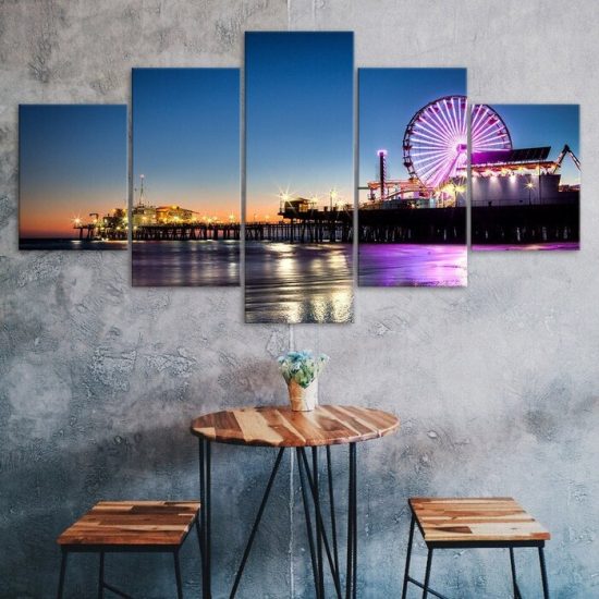 Santa Monica Pier Night Ferris Wheel Los Angeles 5 Piece Five Panel Wall Canvas Print Modern Art Poster Wall Art Decor