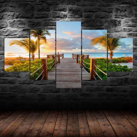 Seascape Sunset Palm Trees 5 Piece Five Panel Wall Canvas Print Modern Art Poster Wall Art Decor 1