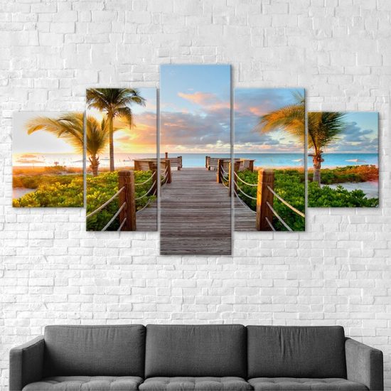 Seascape Sunset Palm Trees 5 Piece Five Panel Wall Canvas Print Modern Art Poster Wall Art Decor 2