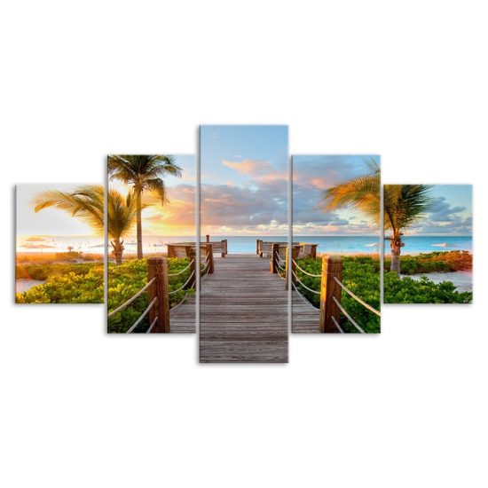 Seascape Sunset Palm Trees 5 Piece Five Panel Wall Canvas Print Modern Art Poster Wall Art Decor 3