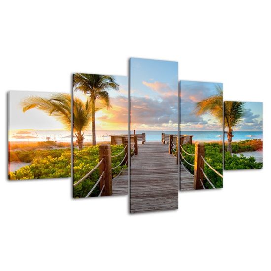 Seascape Sunset Palm Trees 5 Piece Five Panel Wall Canvas Print Modern Art Poster Wall Art Decor 4