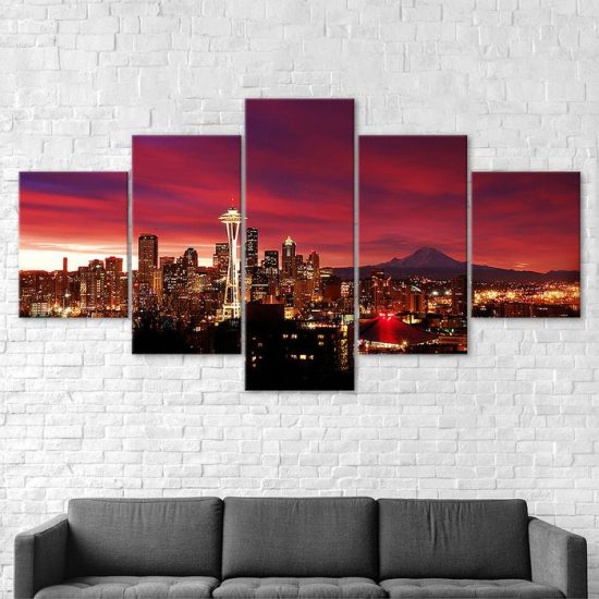 Seattle Red Sunset Night Sky Cityscape 5 Piece Five Panel Wall Canvas Print Modern Art Poster Wall Art Decor 2