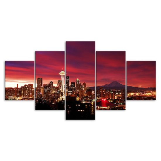 Seattle Red Sunset Night Sky Cityscape 5 Piece Five Panel Wall Canvas Print Modern Art Poster Wall Art Decor 3