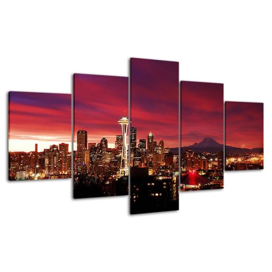 Seattle Red Sunset Night Sky Cityscape 5 Piece Five Panel Wall Canvas Print Modern Art Poster Wall Art Decor 4