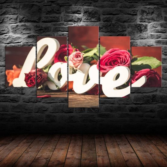 Sign Love Red Rose Flowers Romantic Scene 5 Piece Five Panel Wall Canvas Print Modern Art Poster Wall Art Decor 1