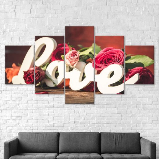 Sign Love Red Rose Flowers Romantic Scene 5 Piece Five Panel Wall Canvas Print Modern Art Poster Wall Art Decor 2