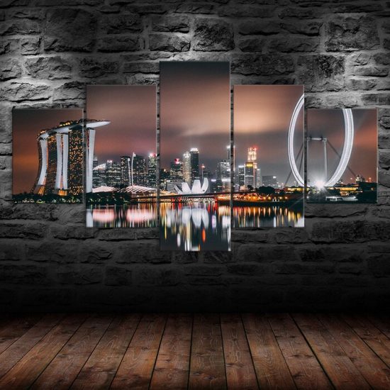 Singapore Flyer Ferris Wheel Skyline 5 Piece Five Panel Wall Canvas Print Modern Art Poster Wall Art Decor 1
