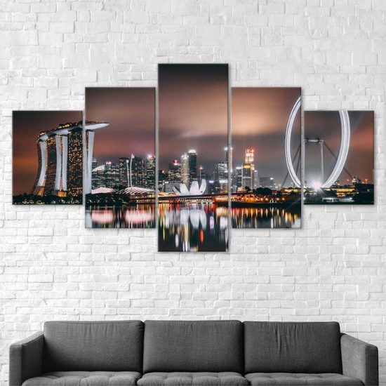 Singapore Flyer Ferris Wheel Skyline 5 Piece Five Panel Wall Canvas Print Modern Art Poster Wall Art Decor 2
