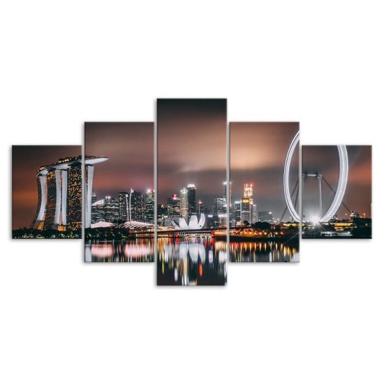 Singapore Flyer Ferris Wheel Skyline 5 Piece Five Panel Wall Canvas Print Modern Art Poster Wall Art Decor 3