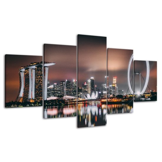 Singapore Flyer Ferris Wheel Skyline 5 Piece Five Panel Wall Canvas Print Modern Art Poster Wall Art Decor 4