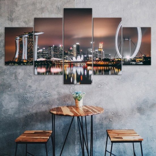 Singapore Flyer Ferris Wheel Skyline 5 Piece Five Panel Wall Canvas Print Modern Art Poster Wall Art Decor