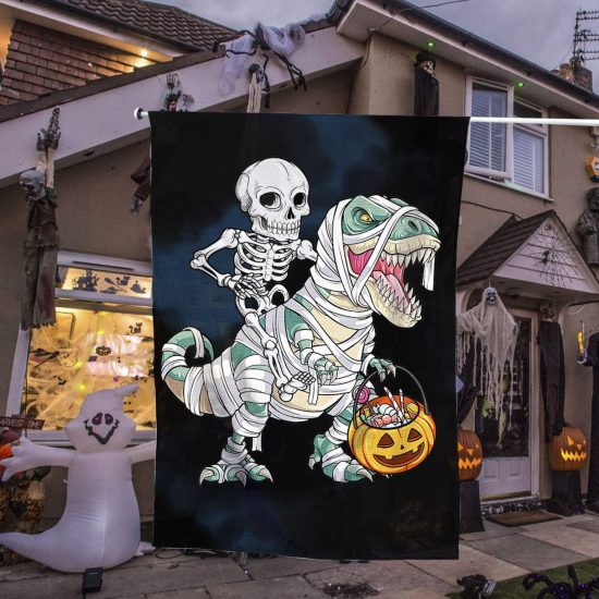 Skeleton Riding Mummy Dinosaur T-Rex Halloween Personalized Garden Flag House Flag Double Sided Home Design Outdoor Porch