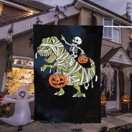 Skeleton Riding Mummy T-Rex 2 Halloween Personalized Garden Flag House Flag Double Sided Home Design Outdoor Porch