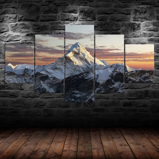 Snow Mountain Peak Sunset Canvas 5 Piece Five Panel Wall Print Modern Poster Wall Art Decor 1