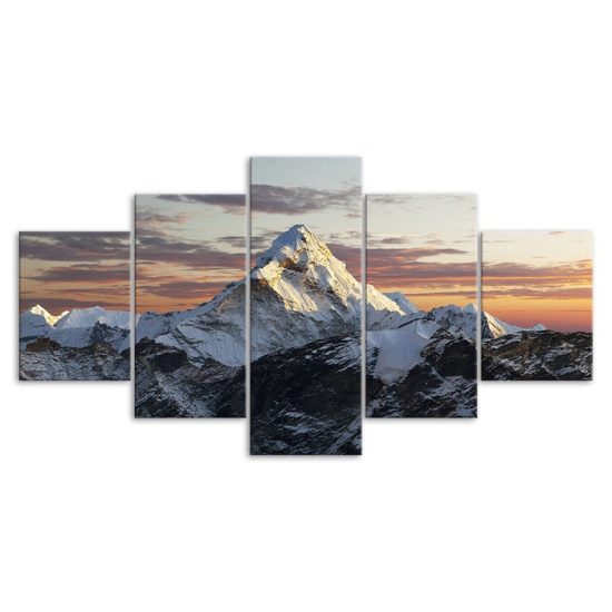Snow Mountain Peak Sunset Canvas 5 Piece Five Panel Wall Print Modern Poster Wall Art Decor 3