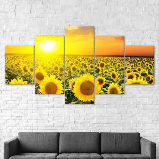 Sunflower Field Sunshine Canvas 5 Piece Five Panel Wall Print Modern Art Poster Wall Art Decor 2