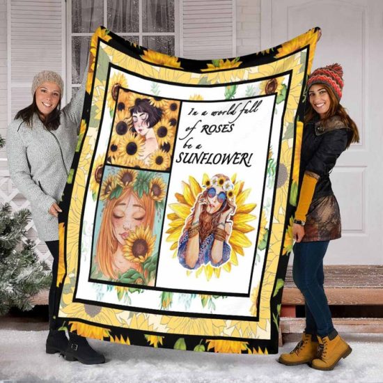 Sunflower Girl Painting Blanket - Sherpa Blanket Fleece Blanket Birthday Gift Flower Blanket