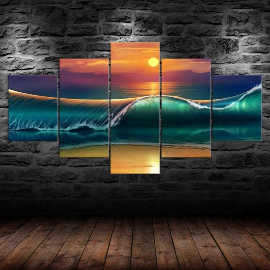 Sunset Beach Huge Waves Seascape Painting 5 Piece Five Panel Wall Canvas Print Modern Poster Wall Art Decor 1
