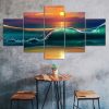 Sunset Beach Huge Waves Seascape Painting 5 Piece Five Panel Wall Canvas Print Modern Poster Wall Art Decor