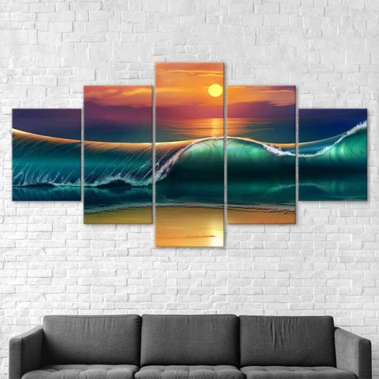 Sunset Beach Huge Waves Seascape Painting 5 Piece Five Panel Wall Canvas Print Modern Poster Wall Art Decor 2
