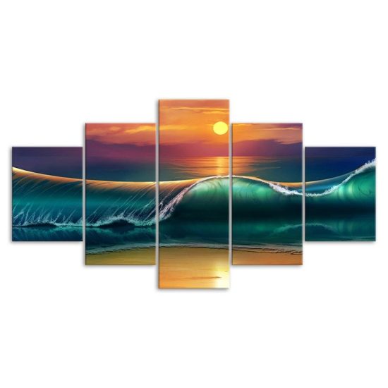 Sunset Beach Huge Waves Seascape Painting 5 Piece Five Panel Wall Canvas Print Modern Poster Wall Art Decor 3