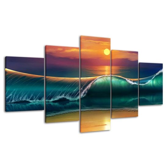 Sunset Beach Huge Waves Seascape Painting 5 Piece Five Panel Wall Canvas Print Modern Poster Wall Art Decor 4