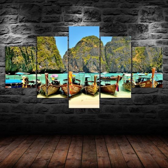 Thailand Beach Island Boat Tours Scenery 5 Piece Five Panel Wall Canvas Print Modern Poster Wall Art Decor 1