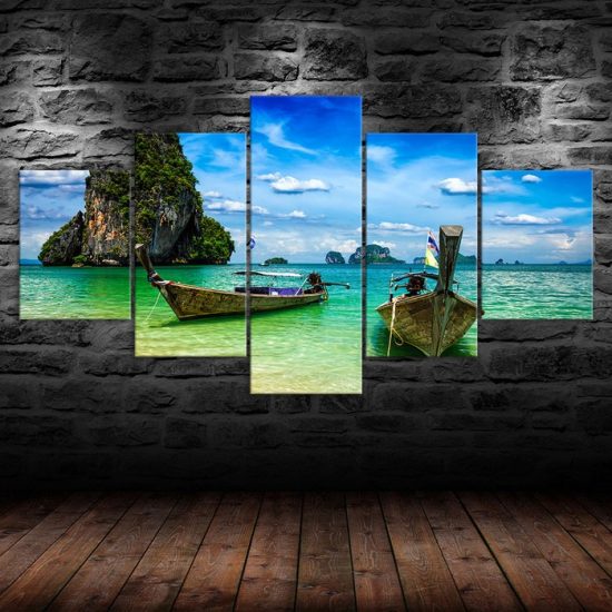 Thailand Beach Tropical Islands Boats 5 Piece Five Panel Wall Canvas Print Modern Art Poster Wall Art Decor 1