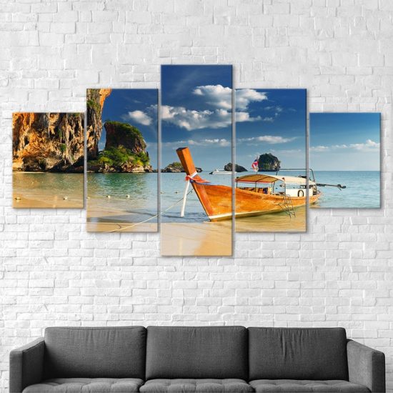 Thailand Island Hopping Boat Seascape 5 Piece Five Panel Wall Canvas Print Modern Art Poster Wall Art Decor 2