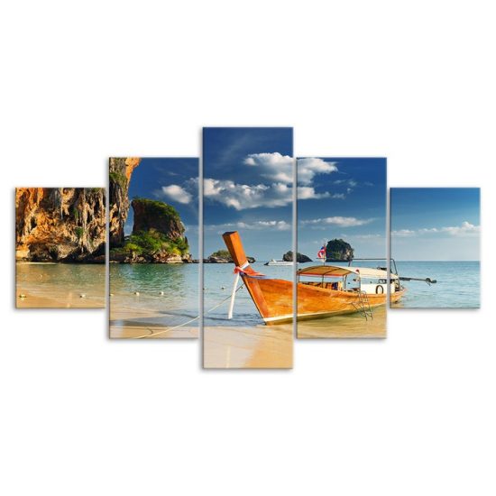 Thailand Island Hopping Boat Seascape 5 Piece Five Panel Wall Canvas Print Modern Art Poster Wall Art Decor 3