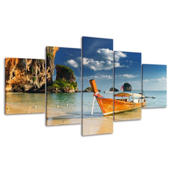 Thailand Island Hopping Boat Seascape 5 Piece Five Panel Wall Canvas Print Modern Art Poster Wall Art Decor 4