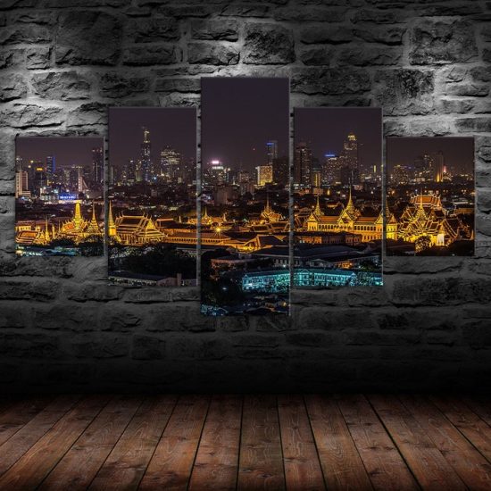 The Grand Palace Bangkok Thailand Night View 5 Piece Five Panel Wall Canvas Print Modern Art Poster Wall Art Decor 1