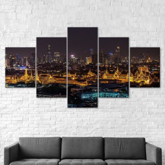 The Grand Palace Bangkok Thailand Night View 5 Piece Five Panel Wall Canvas Print Modern Art Poster Wall Art Decor 2