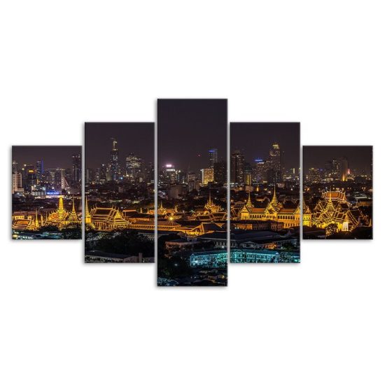 The Grand Palace Bangkok Thailand Night View 5 Piece Five Panel Wall Canvas Print Modern Art Poster Wall Art Decor 3