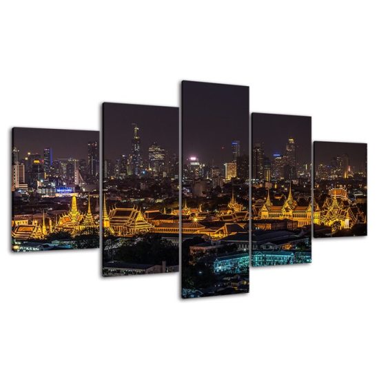 The Grand Palace Bangkok Thailand Night View 5 Piece Five Panel Wall Canvas Print Modern Art Poster Wall Art Decor 4
