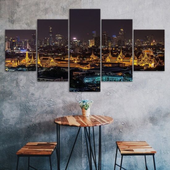 The Grand Palace Bangkok Thailand Night View 5 Piece Five Panel Wall Canvas Print Modern Art Poster Wall Art Decor