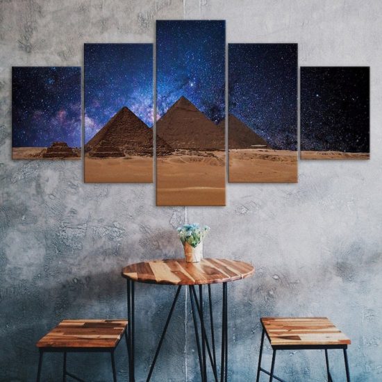 The Pyramids of Giza Starry Night Sky Egypt Scene 5 Piece Five Panel Canvas Print Modern Poster Wall Art Decor