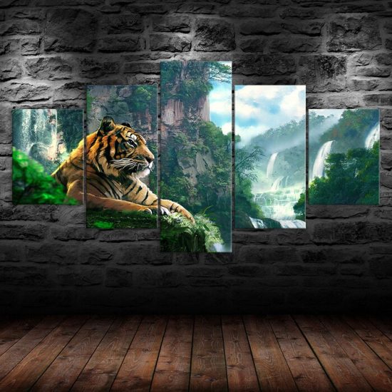 Tiger Animal Mountain Waterfall Nature Scenery 5 Piece Five Panel Wall Canvas Print Modern Poster Picture Home Decor 1