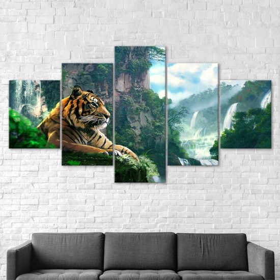 Tiger Animal Mountain Waterfall Nature Scenery 5 Piece Five Panel Wall Canvas Print Modern Poster Picture Home Decor 2