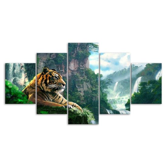 Tiger Animal Mountain Waterfall Nature Scenery 5 Piece Five Panel Wall Canvas Print Modern Poster Picture Home Decor 3