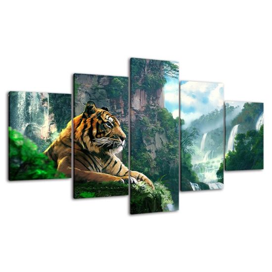 Tiger Animal Mountain Waterfall Nature Scenery 5 Piece Five Panel Wall Canvas Print Modern Poster Picture Home Decor 4