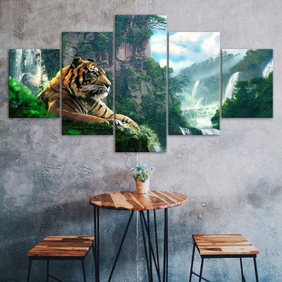 Tiger Animal Mountain Waterfall Nature Scenery 5 Piece Five Panel Wall Canvas Print Modern Poster Picture Home Decor