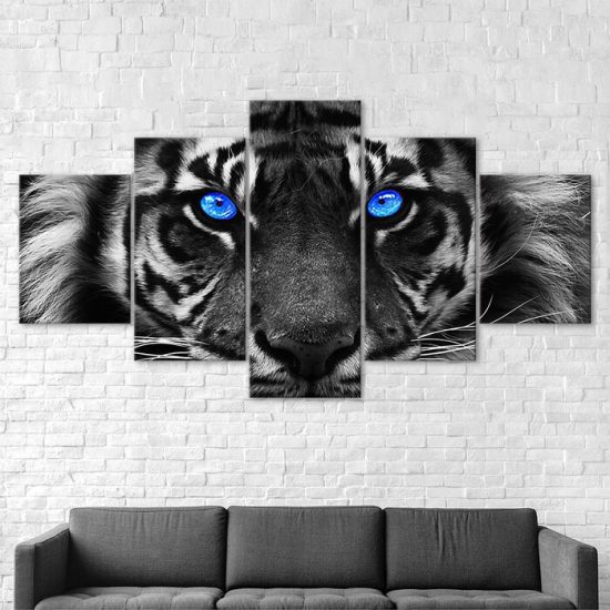 Tiger Blue Eyes Wild Animal 5 Piece Five Panel Wall Canvas Print Modern Art Poster Wall Art Decor 2