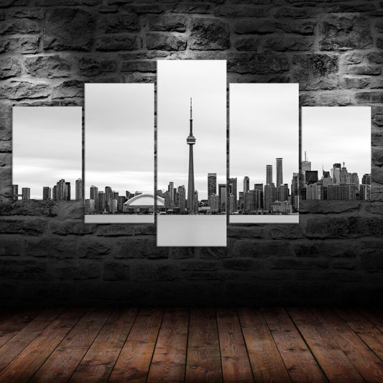 Toronto City Skyline Canada Black White Picture Scenery 5 Piece Five Panel Wall Canvas Print Modern Poster Wall Art Decor 1